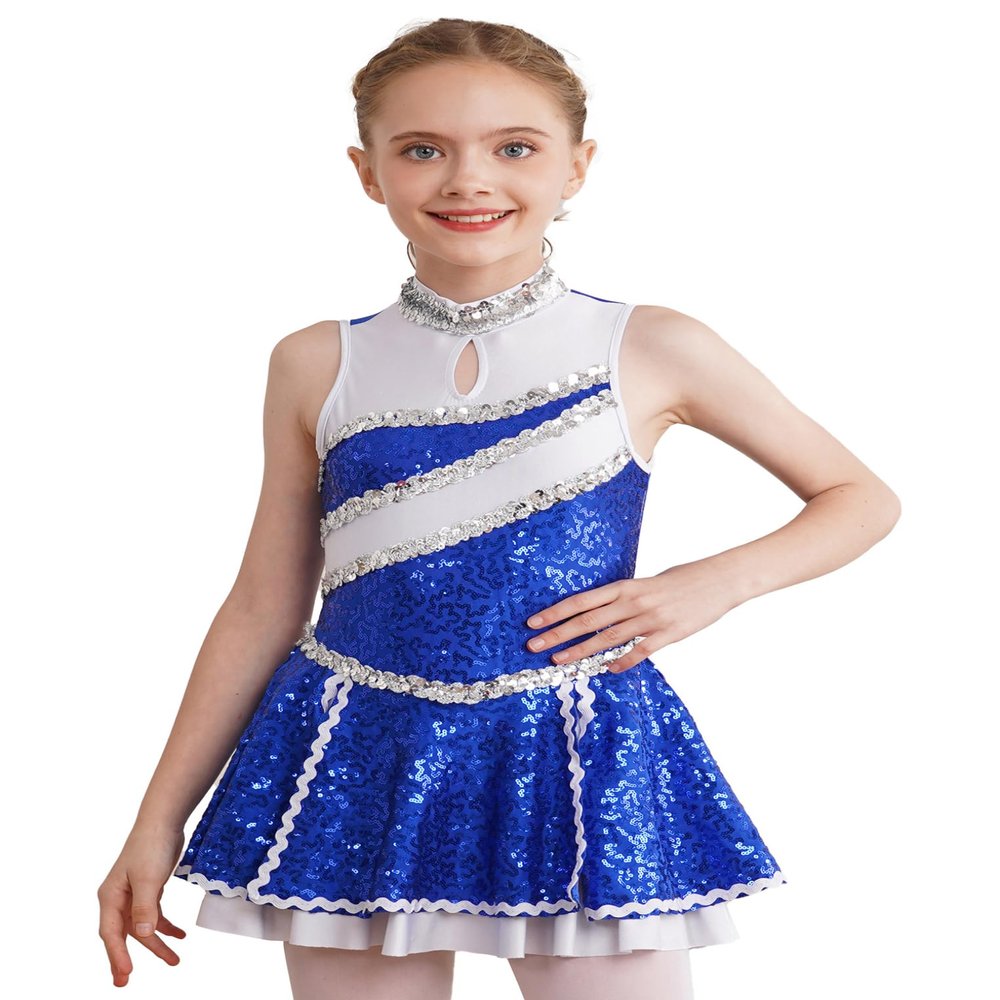 Oyolan Kids Girls Shiny Sequins Cheer Leader Uniform Outfit Sleeveless Zipper Back Cheerleading Dance Dress Royal Blue 10 Years