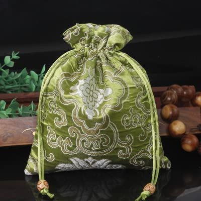 Only My Live Home 2pcs Large Flower Chinese Silk Brocade Jewelry Pouch Drawstring Gift Packaging Long Necklace Sweater Chain Storage Bag (green (2 pcs))