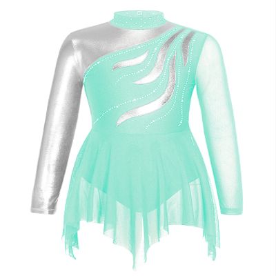 Oyolan Girls Kids Rhinestone Long Sleeve Figure Skating Dress Hollow Back Gymnastic Leotard Dance Performance Costume Blue-Green 14 Years