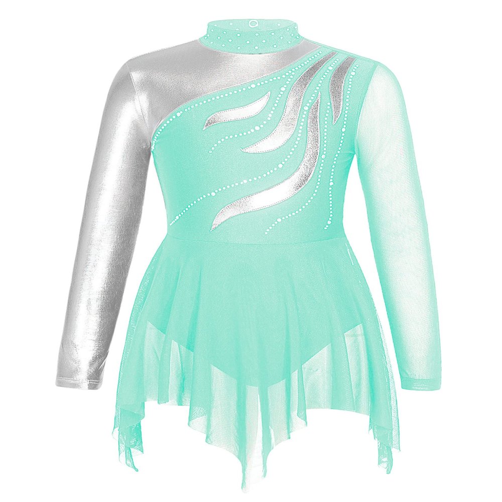 Oyolan Girls Kids Rhinestone Long Sleeve Figure Skating Dress Hollow Back Gymnastic Leotard Dance Performance Costume Blue-Green 14 Years