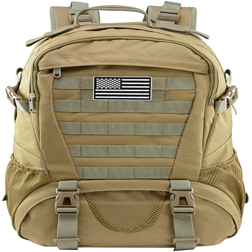 LIMHOO Tactical Backpack for Men Military Molle Bag Hiking Day Pack 27L Army Waterproof EDC Rucksack with USA Flag Patch (Khaki)