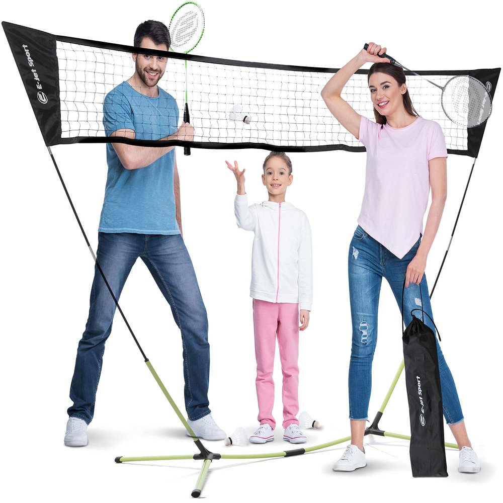 E-Jet Badminton Net Rackets Shuttlecocks Combo Set - Portable & Instant Setup (Backyard Fun, Beach Park Picnic Outdoor Games), Green, 5.1 x 7.8Ft (EOB727402022)