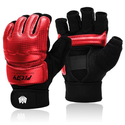 FitsT4 Sports Half Mitts MMA UFC Training Boxing Punch Bag Kickboxing Sparring Grappling Martial Arts Muay Thai Taekwondo Wrist Wraps Support Gloves for Women Men Kids Red M