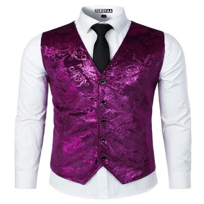 ZEROYAA Mens Hipster Metallic Paisley Printed Single Breasted V-Neck Suit Vest/Tuxedo Waistcoat Z49-Purple Large