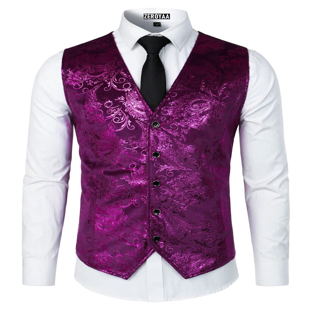 ZEROYAA Mens Hipster Metallic Paisley Printed Single Breasted V-Neck Suit Vest/Tuxedo Waistcoat Z49-Purple Large