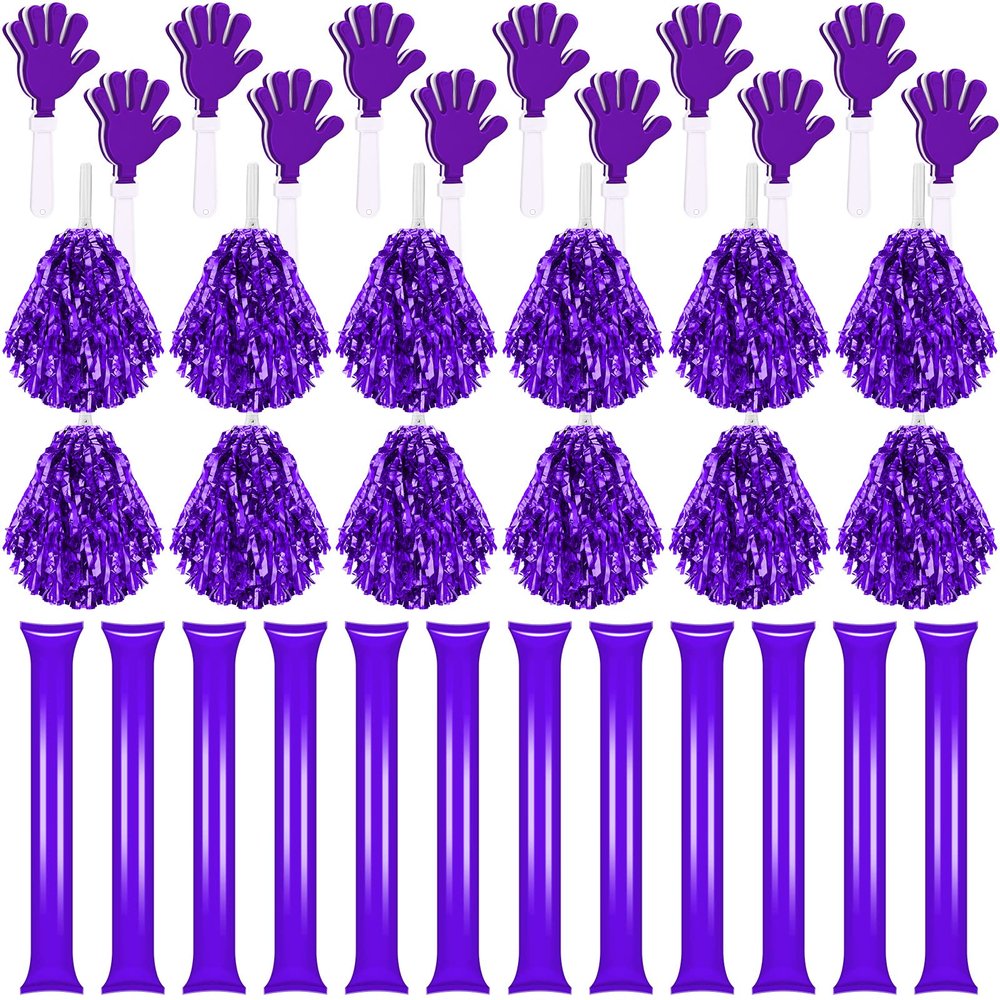 Sosation 36 Pcs Team Spirit Accessories, Cheerleading Pom Poms Hand Clappers Party Favors and Thunder Sticks Noise Makers for Sporting Events Football Baseball Cheering Essentials(Purple)