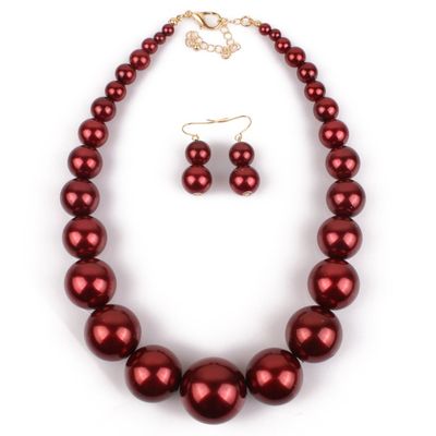 Fuqimanman2020 Chunky Large Simulated Pearl Choker Necklace Drop Dangle Earrings Crystal Bib Big Round Beaded Strand Multicolor Costume Statement Wedding Jewelry Set for Women Brides-Wine Red