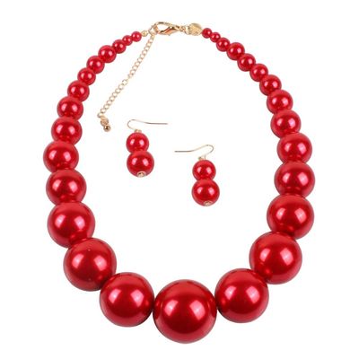 Fuqimanman2020 Chunky Large Simulated Pearl Choker Necklace Drop Dangle Earrings Crystal Bib Big Round Beaded Strand Multicolor Costume Statement Wedding Jewelry Set for Women Brides-Red