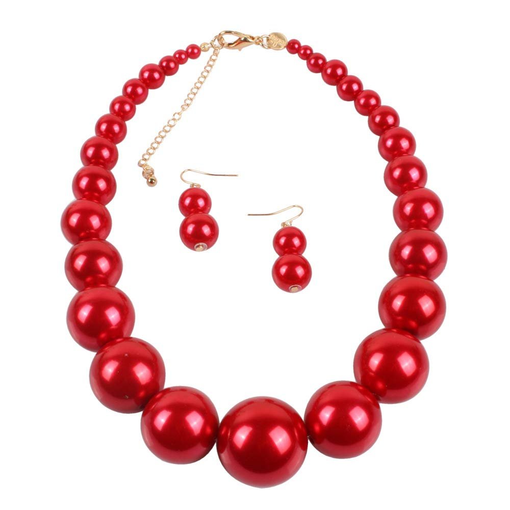 Fuqimanman2020 Chunky Large Simulated Pearl Choker Necklace Drop Dangle Earrings Crystal Bib Big Round Beaded Strand Multicolor Costume Statement Wedding Jewelry Set for Women Brides-Red
