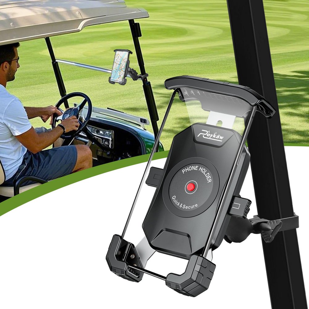 Roykaw Golf Cart Phone Mount Holder Compatible with EZGO/Club Car/Yamaha, Upgrade Quick Release & One-Touch Lock, Compatible with iPhone/Galaxy/Google Pixel/Motorola/All 4.7"-6.8" Devices