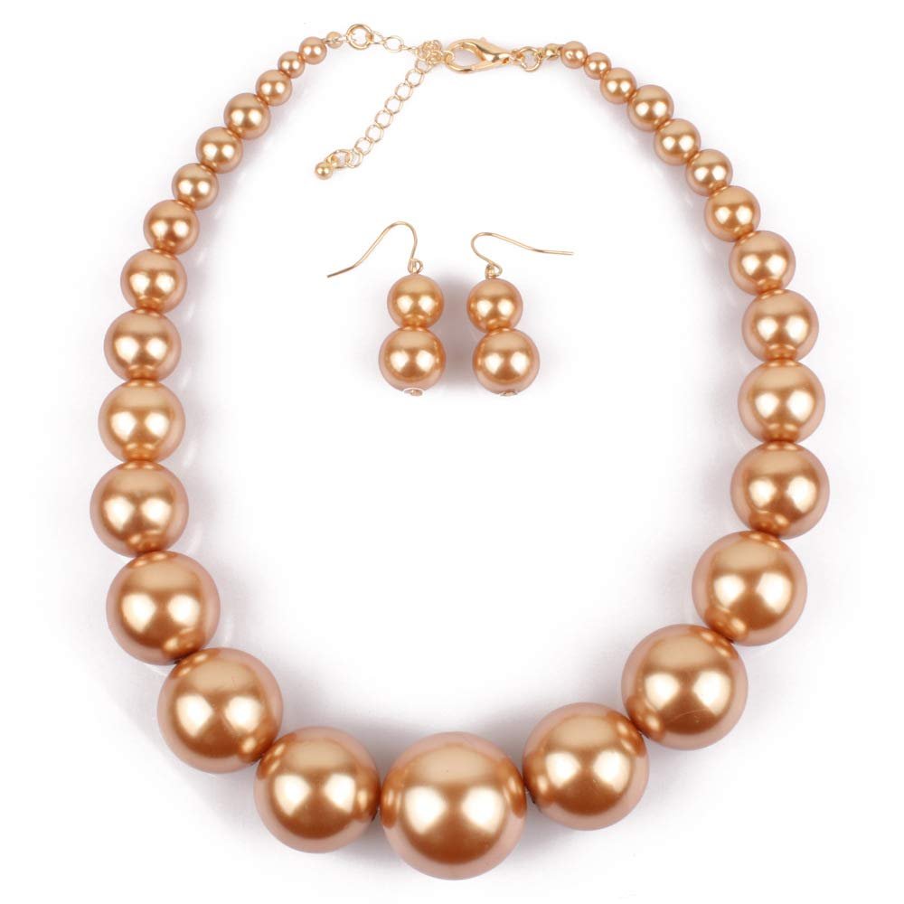 Fuqimanman2020 Chunky Large Simulated Pearl Choker Necklace Drop Dangle Earrings Crystal Bib Big Round Beaded Strand Multicolor Costume Statement Wedding Jewelry Set for Women Brides-Champagne
