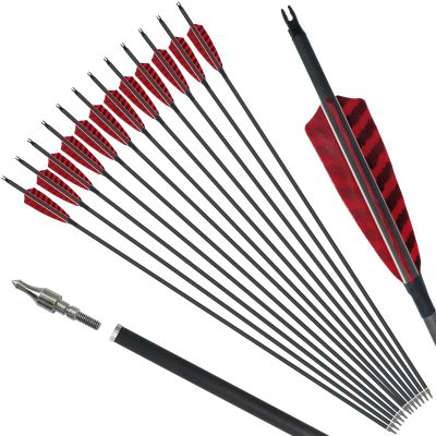 28"/30" Pure Carbon Archery Spine 400/500 with Removable Tip 4" Real Feather Arrows for Recurve and Compound and Traditional Bows Hunting Target Practice (6 Pack) (28 inches,Spine 400)