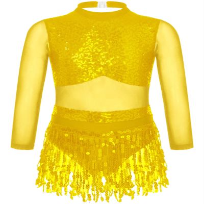 Jhaoyu Girls Sequin Tassel Latin Dance Dress Long Sleeve Leotards Dress Ballroom Salsa Rumba Tango Performance Dancewear Gold 16 Years