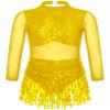 Jhaoyu Girls Sequin Tassel Latin Dance Dress Long Sleeve Leotards Dress Ballroom Salsa Rumba Tango Performance Dancewear Gold 16 Years view 1