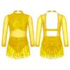 Jhaoyu Girls Sequin Tassel Latin Dance Dress Long Sleeve Leotards Dress Ballroom Salsa Rumba Tango Performance Dancewear Gold 16 Years view 3