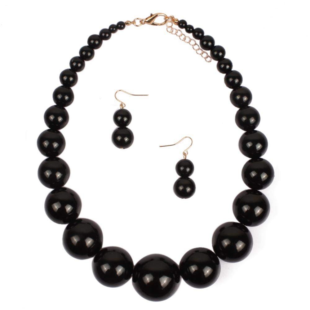Fuqimanman2020 Chunky Large Simulated Pearl Choker Necklace Drop Dangle Earrings Crystal Bib Big Round Beaded Strand Multicolor Costume Statement Wedding Jewelry Set for Women Brides-Black