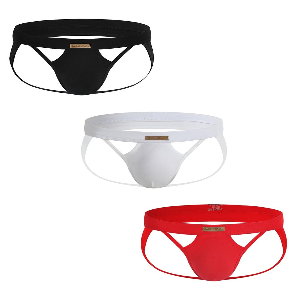KAREN SPACE Cotton Underwear Jockstraps for Men, Men's Sports Thong,1906SH-Black/White/Red(3-Pack),X-Large