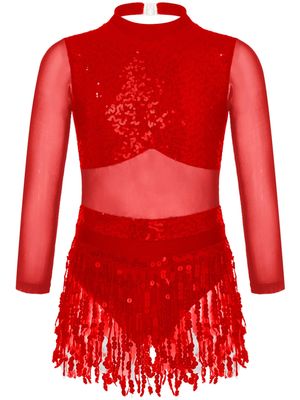 Jhaoyu Girls Sequin Tassel Latin Dance Dress Long Sleeve Leotards Dress Ballroom Salsa Rumba Tango Performance Dancewear Red 10 Years