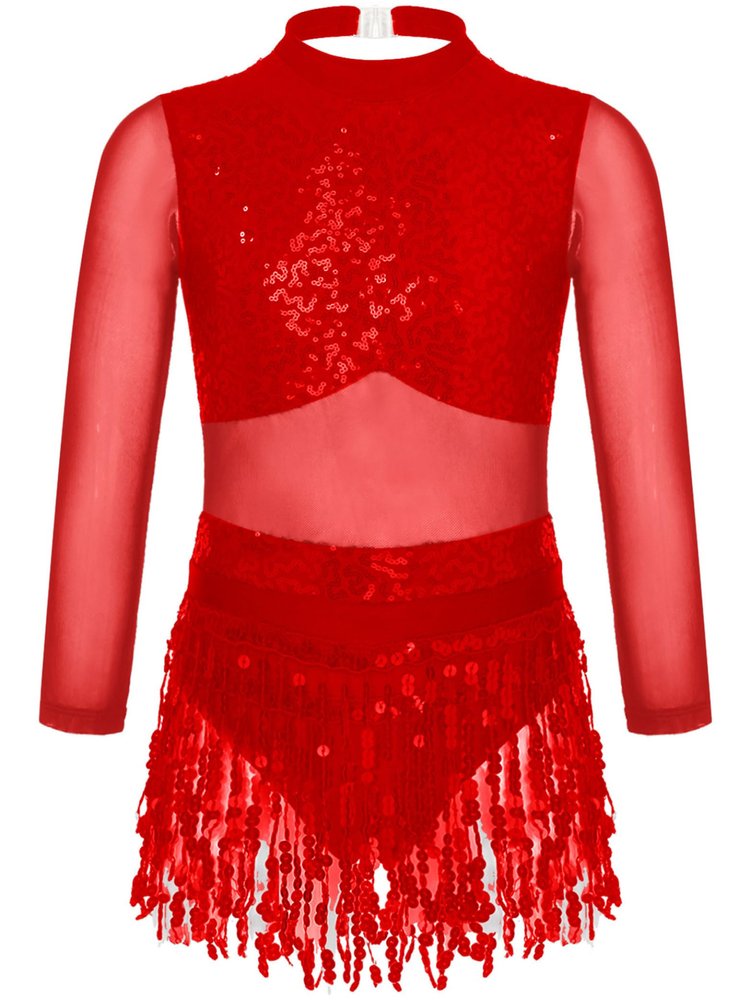 Jhaoyu Girls Sequin Tassel Latin Dance Dress Long Sleeve Leotards Dress Ballroom Salsa Rumba Tango Performance Dancewear Red 10 Years