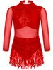 Jhaoyu Girls Sequin Tassel Latin Dance Dress Long Sleeve Leotards Dress Ballroom Salsa Rumba Tango Performance Dancewear Red 10 Years view 1
