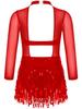 Jhaoyu Girls Sequin Tassel Latin Dance Dress Long Sleeve Leotards Dress Ballroom Salsa Rumba Tango Performance Dancewear Red 10 Years view 2