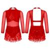 Jhaoyu Girls Sequin Tassel Latin Dance Dress Long Sleeve Leotards Dress Ballroom Salsa Rumba Tango Performance Dancewear Red 10 Years view 3