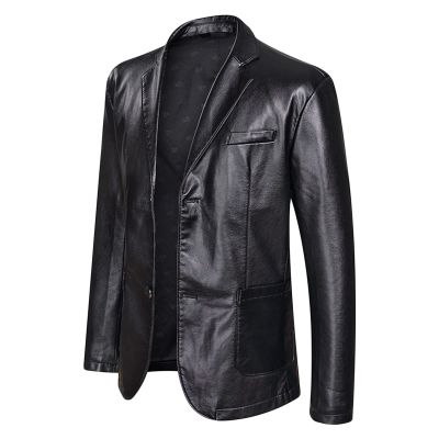 Mens Faux Leather Moto Blazer Classic Casual PU Leather Slim Jacket Stylish Motorcycle 2 Button Lapel Sport Coat (Black,180)