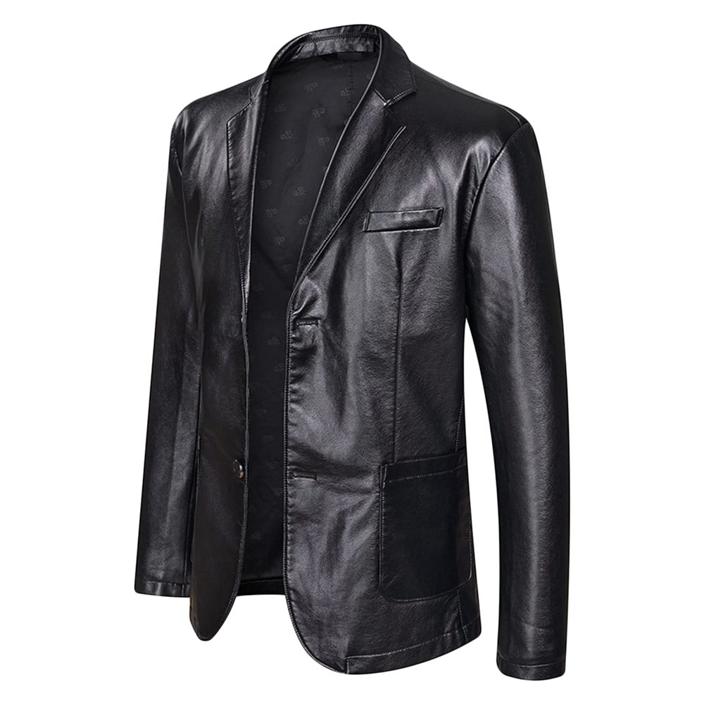 Mens Faux Leather Moto Blazer Classic Casual PU Leather Slim Jacket Stylish Motorcycle 2 Button Lapel Sport Coat (Black,180)