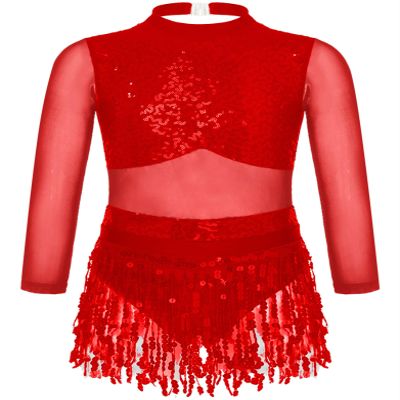 Jhaoyu Girls Sequin Tassel Latin Dance Dress Long Sleeve Leotards Dress Ballroom Salsa Rumba Tango Performance Dancewear Red 6 Years