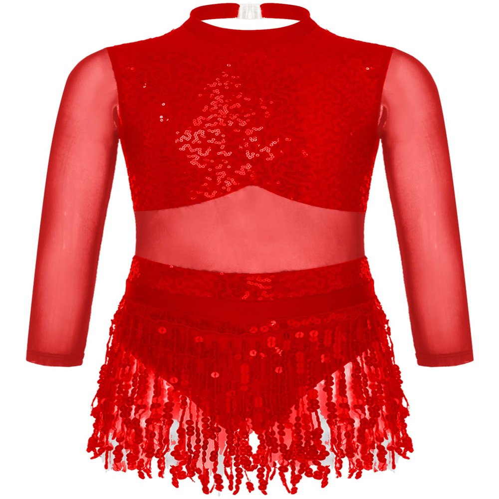 Jhaoyu Girls Sequin Tassel Latin Dance Dress Long Sleeve Leotards Dress Ballroom Salsa Rumba Tango Performance Dancewear Red 6 Years
