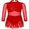 Jhaoyu Girls Sequin Tassel Latin Dance Dress Long Sleeve Leotards Dress Ballroom Salsa Rumba Tango Performance Dancewear Red 6 Years view 1
