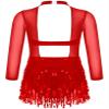 Jhaoyu Girls Sequin Tassel Latin Dance Dress Long Sleeve Leotards Dress Ballroom Salsa Rumba Tango Performance Dancewear Red 6 Years view 2