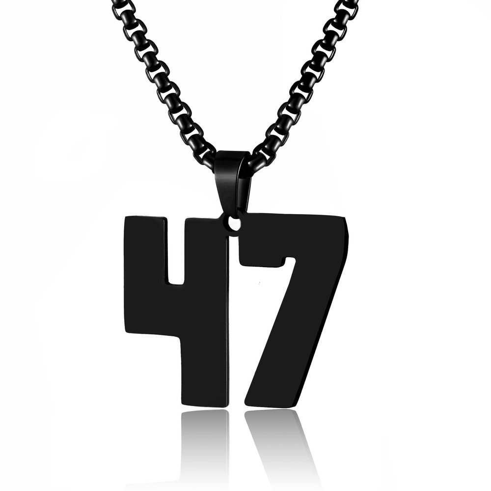 HSWYFCJY Gold Number Necklace for Men,Stainless Steel Athletes Number Chain Charm Pendant Personalized Men's Sports Jewelry Basketball Baseball Football Ice HockeyNumber 47,Black