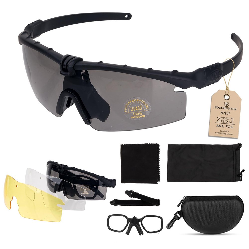 FOCUHUNTER Tactical Glasses, Shooting Safety Glasses, Anti Fog UV400 Protection Sunglasses with 3 Interchangeable Lens