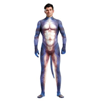 Bemeiren Men's Animal Bodysuit Costume with Big Tail Print Petsuit Spandex Furry Jumpsuit Cosplay Halloween Party Blue Dog