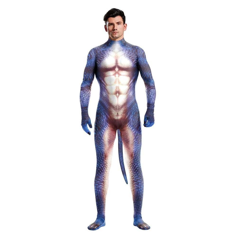 Bemeiren Men's Animal Bodysuit Costume with Big Tail Print Petsuit Spandex Furry Jumpsuit Cosplay Halloween Party Blue Dog