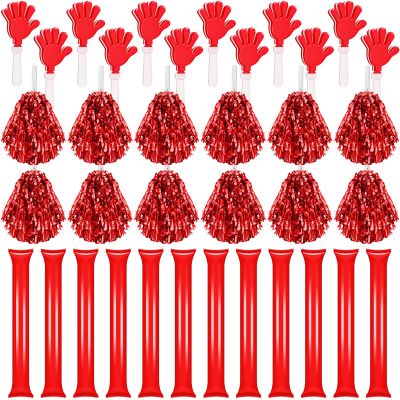 Sosation 36 Pcs Team Spirit Accessories, Cheerleading Pom Poms Hand Clappers Party Favors and Thunder Sticks Noise Makers for Sporting Events Football Baseball Cheering Essentials(Red)