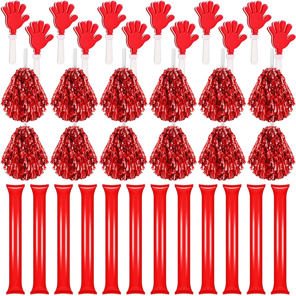 Sosation 36 Pcs Team Spirit Accessories, Cheerleading Pom Poms Hand Clappers Party Favors and Thunder Sticks Noise Makers for Sporting Events Football Baseball Cheering Essentials(Red)