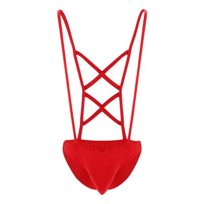 JEsilunmaMY Men's Suspender Underwear Low Rise Bulge Pouch Brief Mankini Swimsuit Back Cross Strap Bodysuit Lingerie Panties (Red,Large)