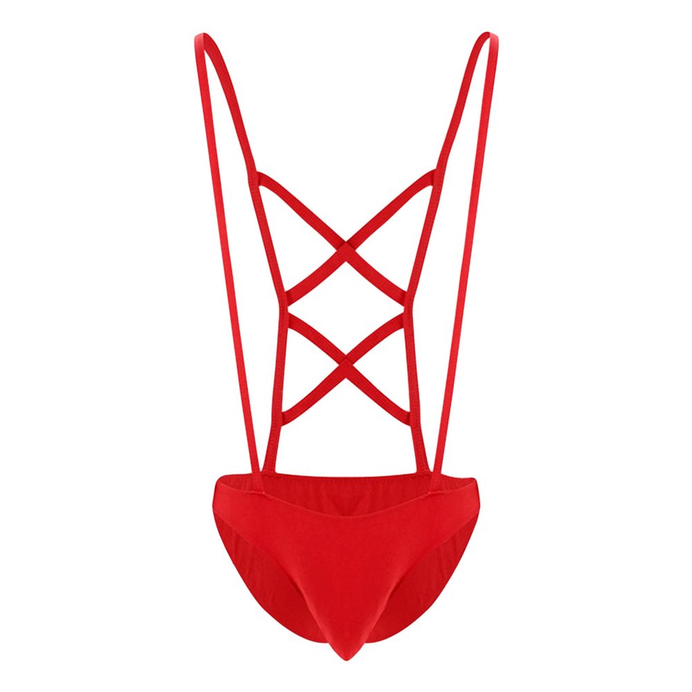 JEsilunmaMY Men's Suspender Underwear Low Rise Bulge Pouch Brief Mankini Swimsuit Back Cross Strap Bodysuit Lingerie Panties (Red,Large)