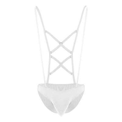 JEsilunmaMY Men's Suspender Underwear Low Rise Bulge Pouch Brief Mankini Swimsuit Back Cross Strap Bodysuit Lingerie Panties (White,Large)