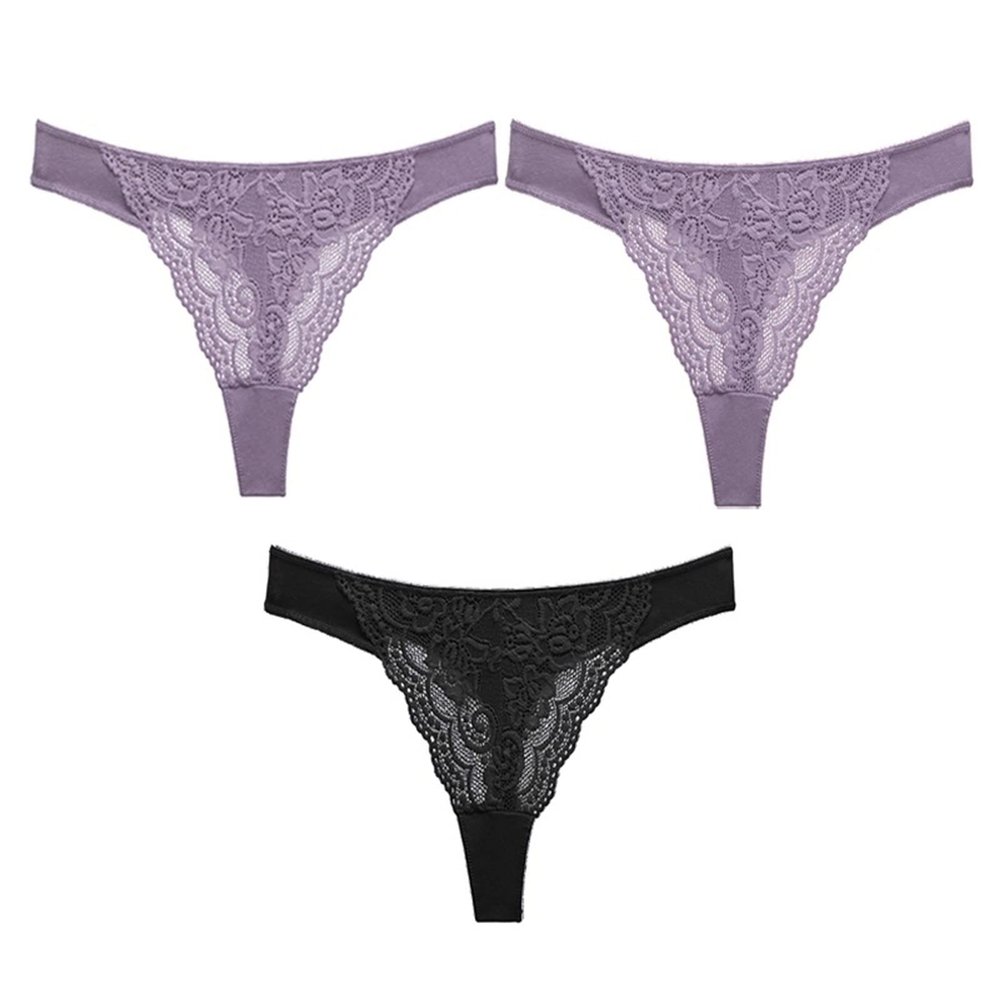 3 Pcs Sexy Lace G-String for Women Female Underpant Hollow Out Breathable Cotton Low Waist Seamless G-String Underwear (Color : Set 18, Size : XL-[57-62KG])