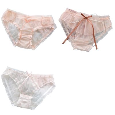 3PCS Sweet and Cute Japanese Girl Middle Waist Briefs Slightly Sweet Matcha Green Sexy lace mesh ice Silk Pink Panties (Color : 3Pcs Color12, Size : XL(57.5-67.5KG))