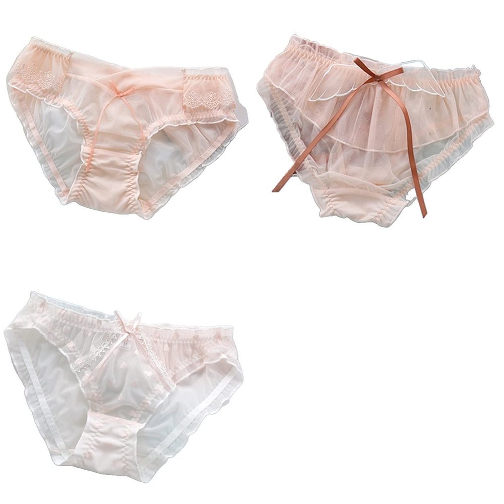 3PCS Sweet and Cute Japanese Girl Middle Waist Briefs Slightly Sweet Matcha Green Sexy lace mesh ice Silk Pink Panties (Color : 3Pcs Color12, Size : XL(57.5-67.5KG))