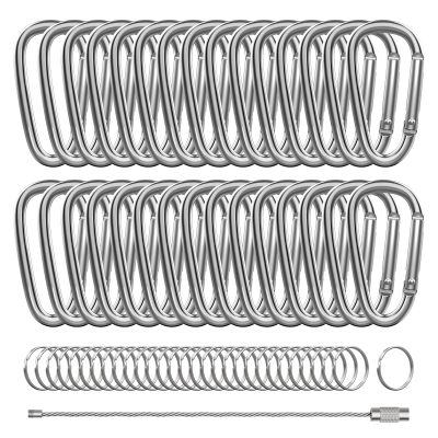 30PCS 2 Inch Carabiner Keychain Clips, Aluminum Caribeener D Shape Buckle with Key Rings and Wire Keychain Cable, Silver