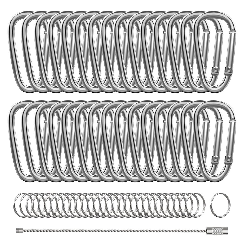 30PCS 2 Inch Carabiner Keychain Clips, Aluminum Caribeener D Shape Buckle with Key Rings and Wire Keychain Cable, Silver