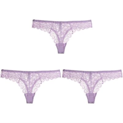 3 Pcs Sexy Panties for Women Low-Waist Briefs Lace Embroidery Underwear Transparent G-String (Color : 3 Purple, Size : M(50-55KG))