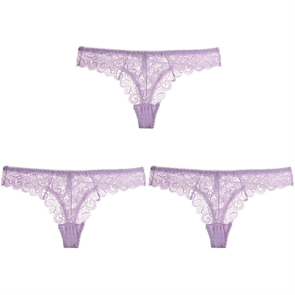 3 Pcs Sexy Panties for Women Low-Waist Briefs Lace Embroidery Underwear Transparent G-String (Color : 3 Purple, Size : M(50-55KG))