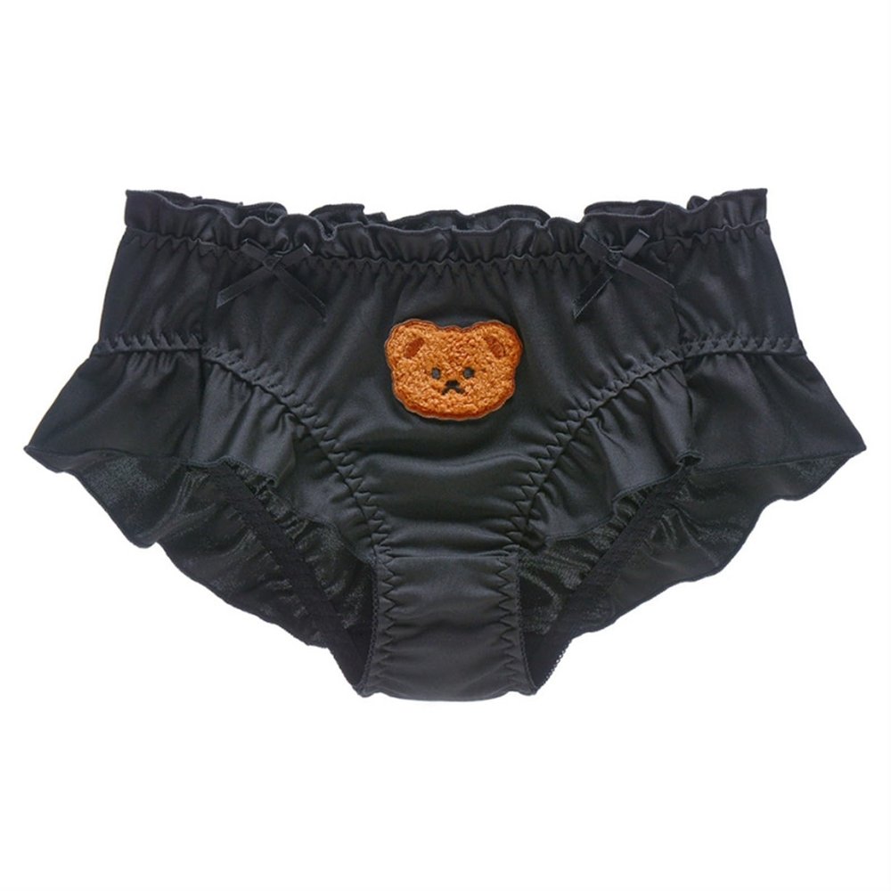 Women Large Size Panties Cute Lovely Sweety Girls Lolita Panties Bear Embroidery Milk Silk Smooth Soft Ruffles Underwear (Color : Black, Size : Large)