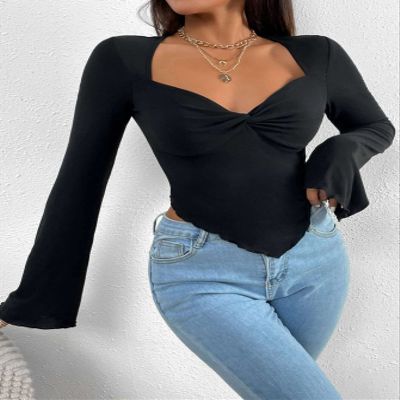 BENIN Women's t-Shirt Flounce Sleeve Trumpet Sleeve Lettuce Trim Twist Hanky Hem Crop Tee Long Sleeve